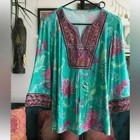 Soft Surrounding Beaded Maddalena Tunic Sz M Aqua Embroidery Top Blouse NWOT - Picture 2 of 2